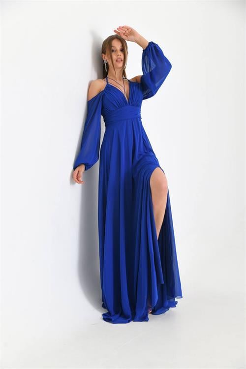 Dipmoda kadın saks yırtmaç detaylı şifon abiye elbise NBSWLL13 