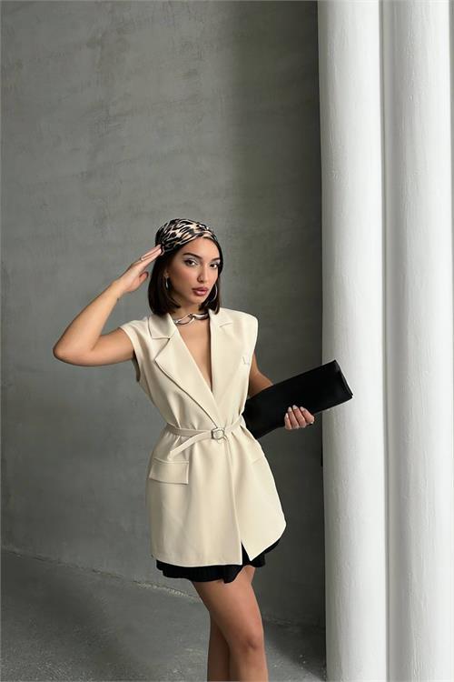 Dipmoda kadın salaş kemerli kolsuz blazer ceket DPNBG076