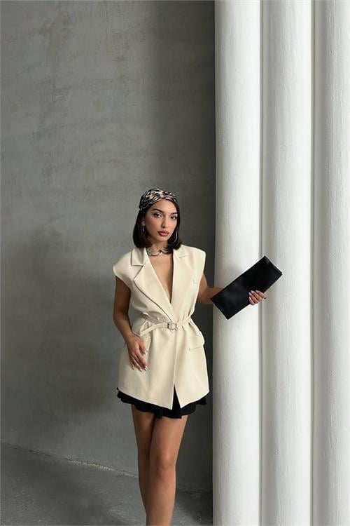 Dipmoda kadın salaş kemerli kolsuz blazer ceket DPNBG076
