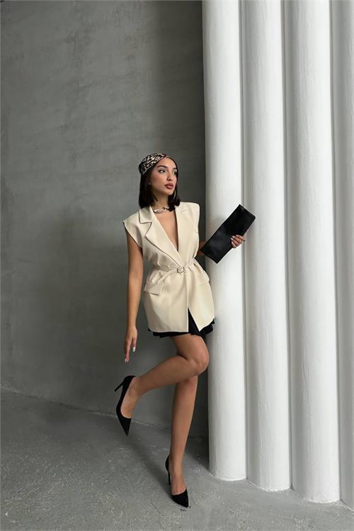 Dipmoda kadın salaş kemerli kolsuz blazer ceket DPNBG076