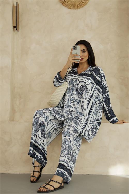 Dipmoda kadın salaş kesim desenli alt üst ikili takım DPMS25100