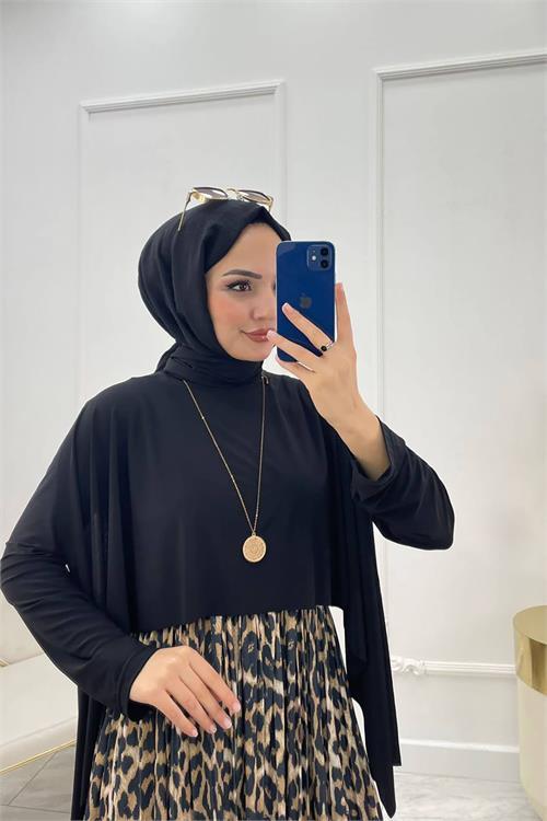 Dipmoda kadın sandy kumaş pelerinli tesettür elbise SMS032 - Siyah 