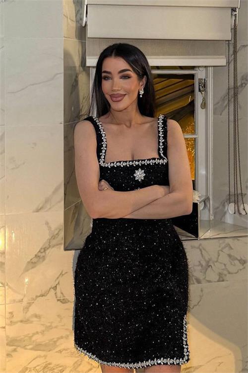 Dipmoda kadın şanel kumaş taş işlemeli broş detaylı tasarım elbise DPEMP2785