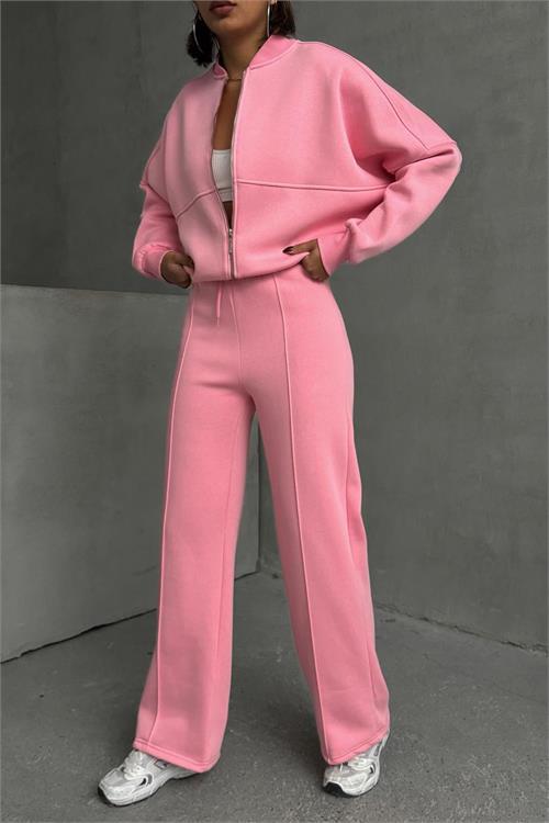 Dipmoda kadın şardonlu üç iplik eşofman takımı GTS018 - Pembe 