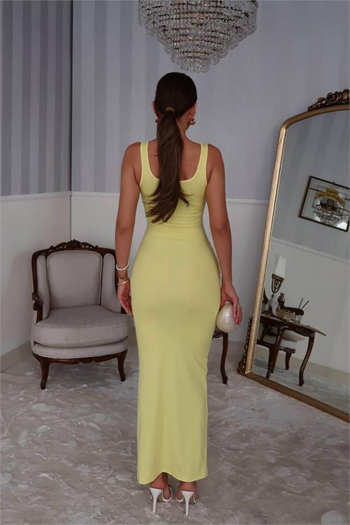 Dipmoda kadın sarı bağlamalı maxi boy likralı elbise DPDF075