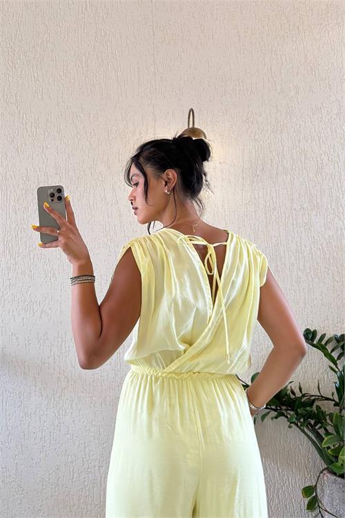 Dipmoda kadın sarı kruvaze yaka yazlık tulum DPMY3805