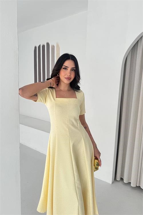 Dipmoda kadın sarı taş detaylı kare yaka midi boy kısa kollu elbise DPK4605