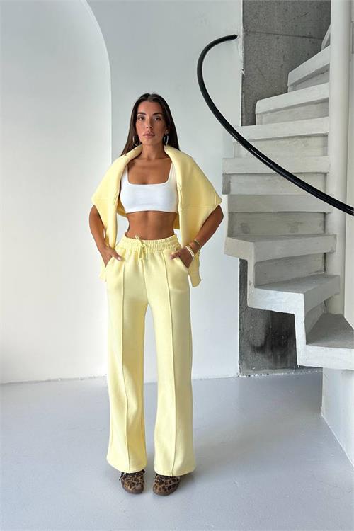 Dipmoda kadın sarı yüksek bel 3 iplik eşofman altı DPG107