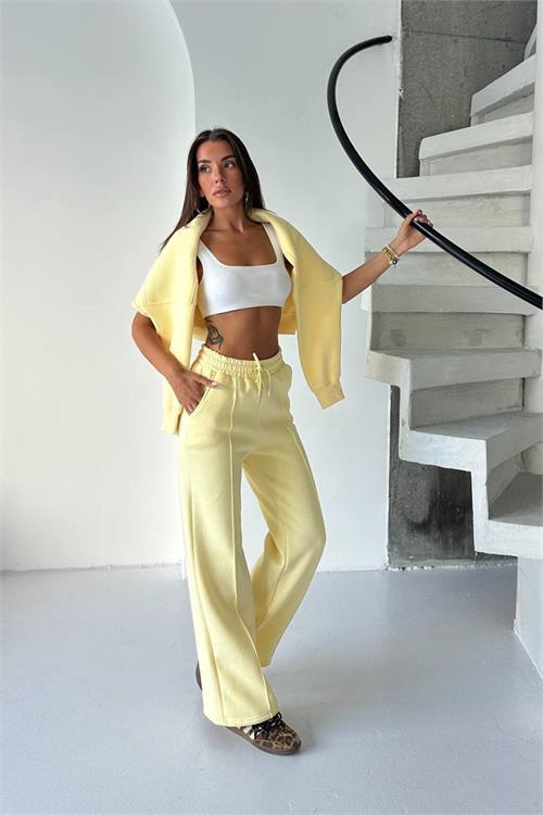 Dipmoda kadın sarı yüksek bel 3 iplik eşofman altı DPG107