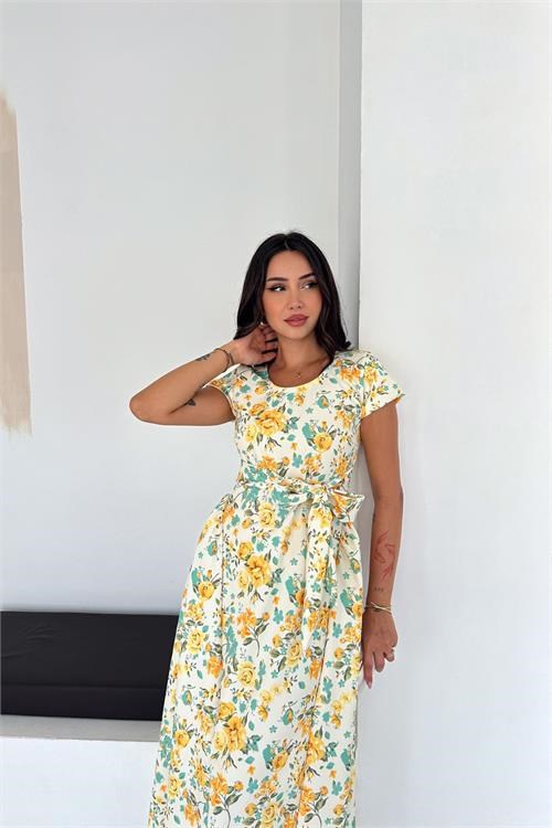 Dipmoda kadın sarı yuvarlak yaka çiçekli midi boy bel bağlamalı elbise DPK4616