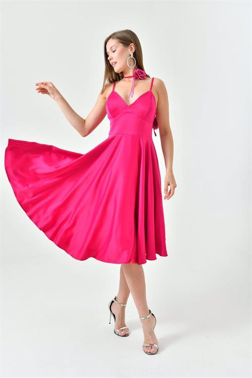 Dipmoda kadın saten askılı gül detaylı abiye elbise NBS9353 