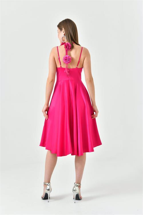 Dipmoda kadın saten askılı gül detaylı abiye elbise NBS9353 