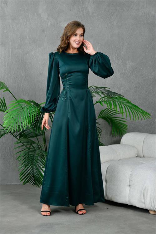 Dipmoda kadın saten vatkalı bağcık detaylı abiye elbise NBS9360 