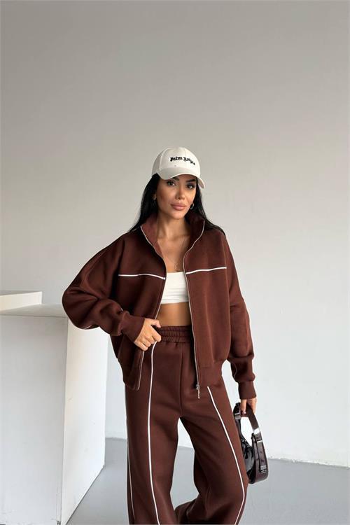 Dipmoda kadın şerit detaylı 3 iplik şardonlu eşofman takımı DPG121