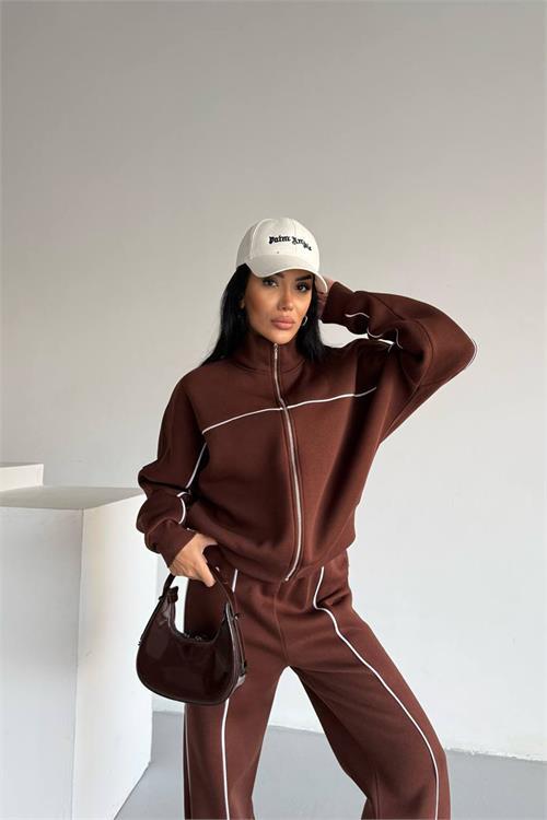 Dipmoda kadın şerit detaylı 3 iplik şardonlu eşofman takımı DPG121