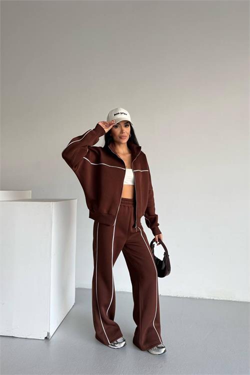 Dipmoda kadın şerit detaylı 3 iplik şardonlu eşofman takımı DPG121