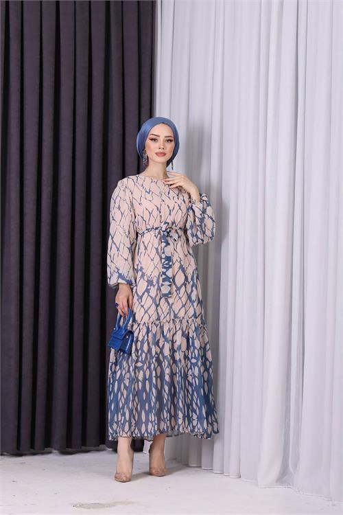 Dipmoda kadın şifon eteği fırfırlı desenli tesettür elbise SMS008 