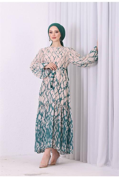 Dipmoda kadın şifon eteği fırfırlı desenli tesettür elbise SMS008 