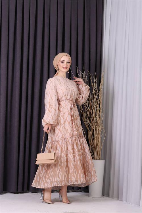Dipmoda kadın şifon eteği fırfırlı desenli tesettür elbise SMS008 