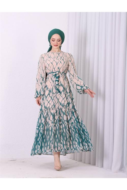 Dipmoda kadın şifon eteği fırfırlı desenli tesettür elbise SMS008 
