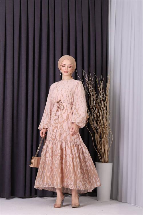 Dipmoda kadın şifon eteği fırfırlı desenli tesettür elbise SMS008 