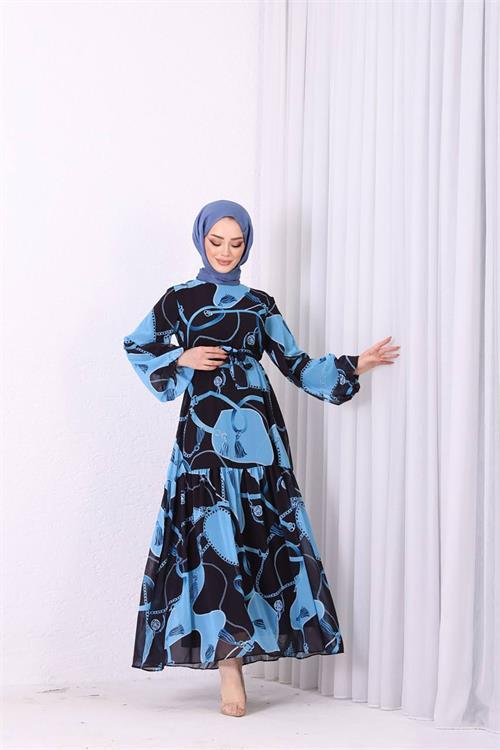 Dipmoda kadın şifon ithal kumaş desenli tesettür elbise SMS009 