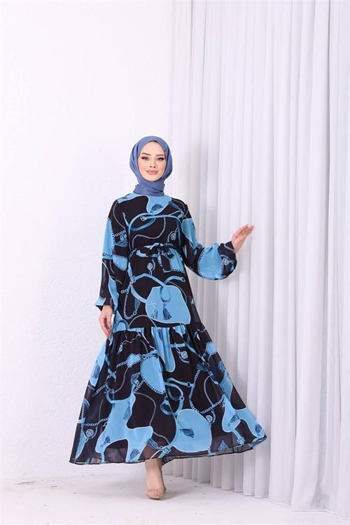 Dipmoda kadın şifon ithal kumaş desenli tesettür elbise SMS009 