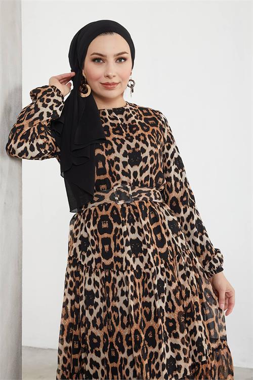 Dipmoda kadın şifon kemerli tesettür elbise SMS027 