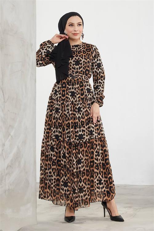 Dipmoda kadın şifon kemerli tesettür elbise SMS027 