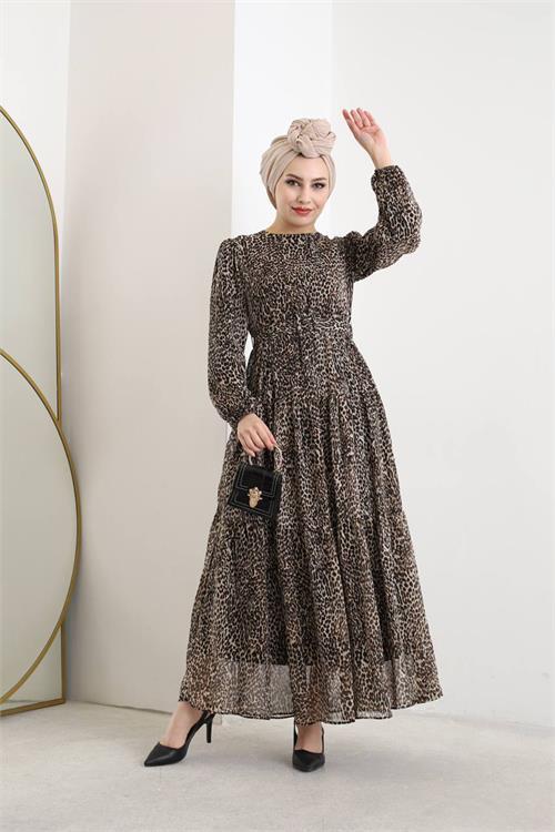 Dipmoda kadın şifon leopar desenli astarlı tesettür elbise NMS007 