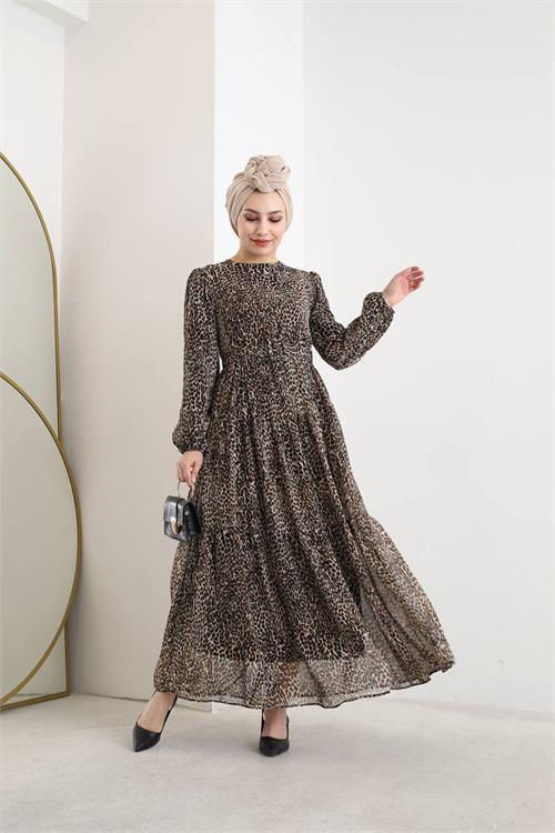 Dipmoda kadın şifon leopar desenli astarlı tesettür elbise NMS007 
