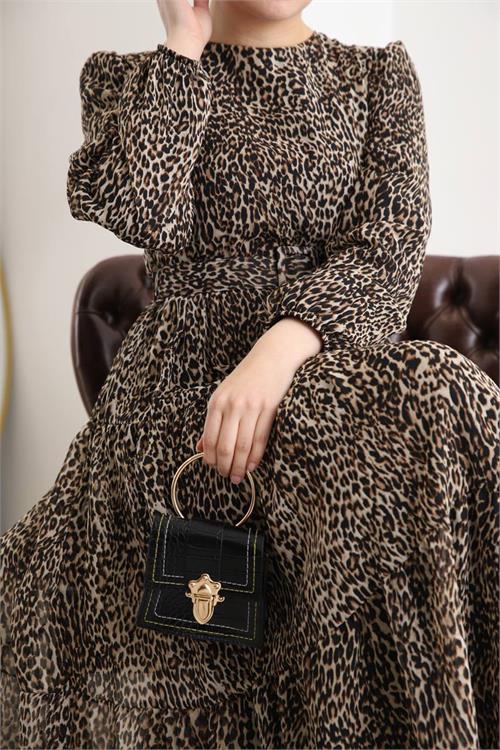 Dipmoda kadın şifon leopar desenli astarlı tesettür elbise NMS007 