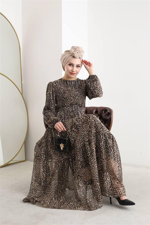 Dipmoda kadın şifon leopar desenli astarlı tesettür elbise NMS007 