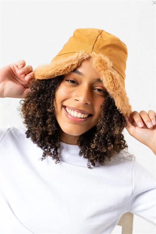 Dipmoda kadın siperli peluş kürklü bucket şapka DPAKS008