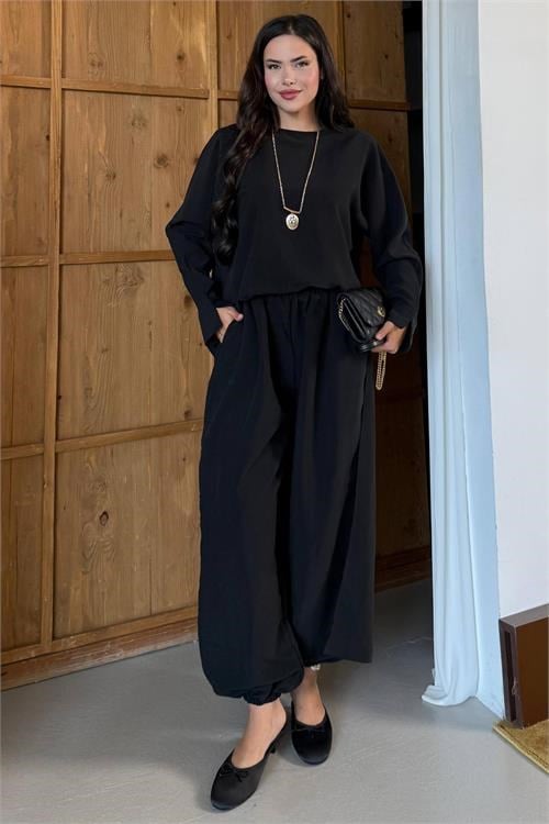 Dipmoda kadın siyah asimetrik tunik pantolon oversize tesnsel tesettür takım NMS104
