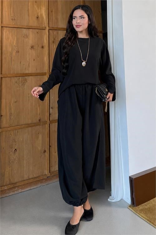 Dipmoda kadın siyah asimetrik tunik pantolon oversize tesnsel tesettür takım NMS104