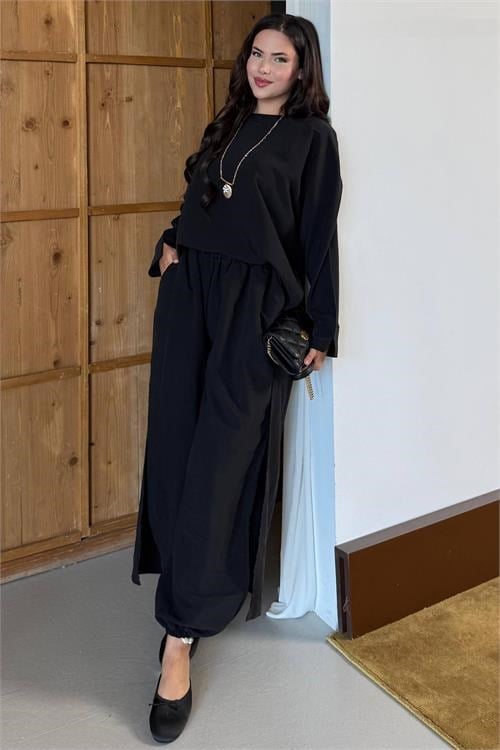 Dipmoda kadın siyah asimetrik tunik pantolon oversize tesnsel tesettür takım NMS104
