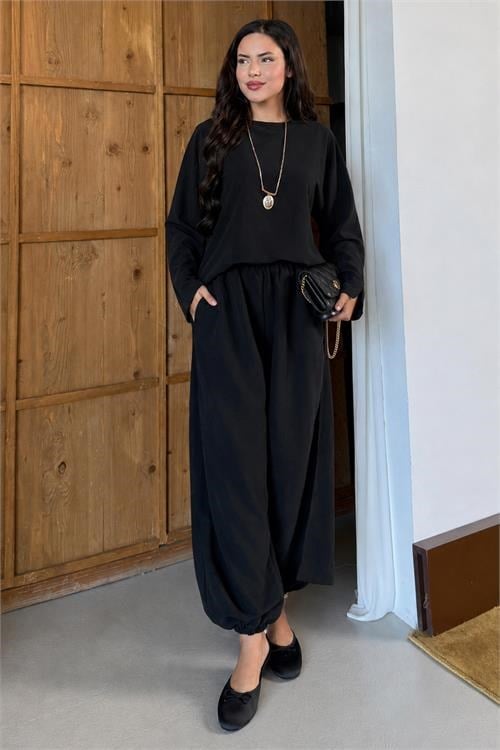 Dipmoda kadın siyah asimetrik tunik pantolon oversize tesnsel tesettür takım NMS104