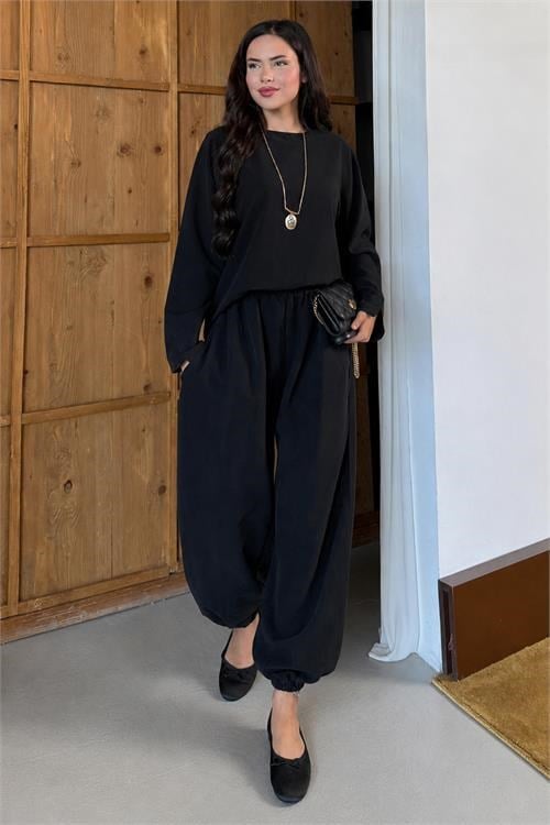 Dipmoda kadın siyah asimetrik tunik pantolon oversize tesnsel tesettür takım NMS104