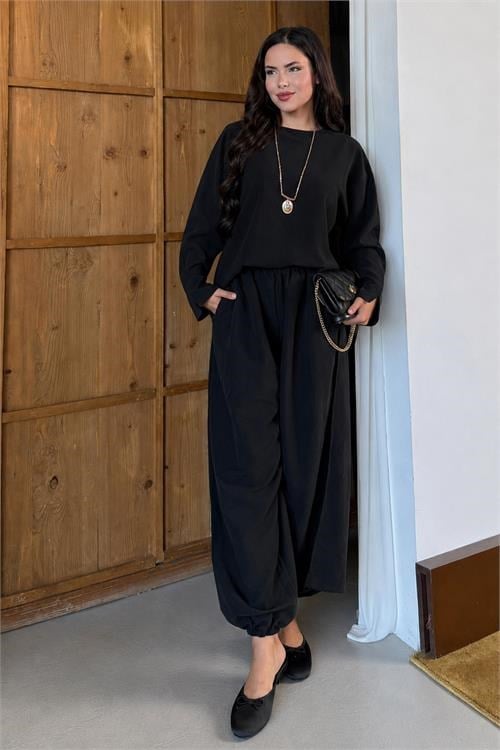 Dipmoda kadın siyah asimetrik tunik pantolon oversize tesnsel tesettür takım NMS104
