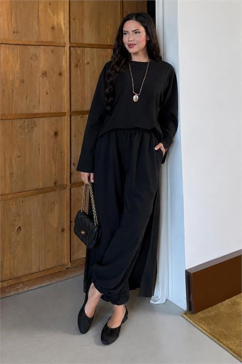 Dipmoda kadın siyah asimetrik tunik pantolon oversize tesnsel tesettür takım NMS104