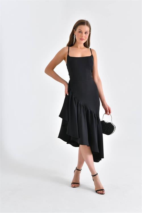 Dipmoda kadın siyah askılı asimetrik abiye elbise NBSWLL11 