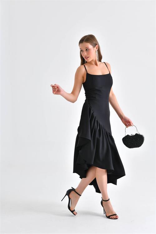 Dipmoda kadın siyah askılı asimetrik abiye elbise NBSWLL11 