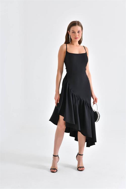 Dipmoda kadın siyah askılı asimetrik abiye elbise NBSWLL11 