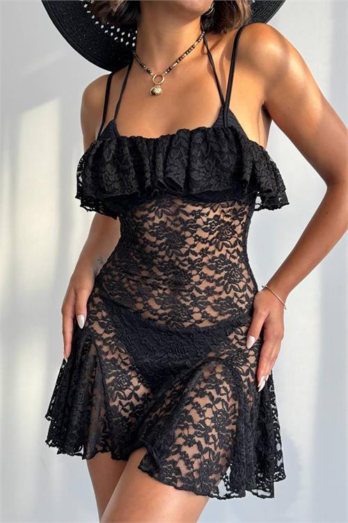 Dipmoda kadın siyah askılı dantel pareo DPDF074