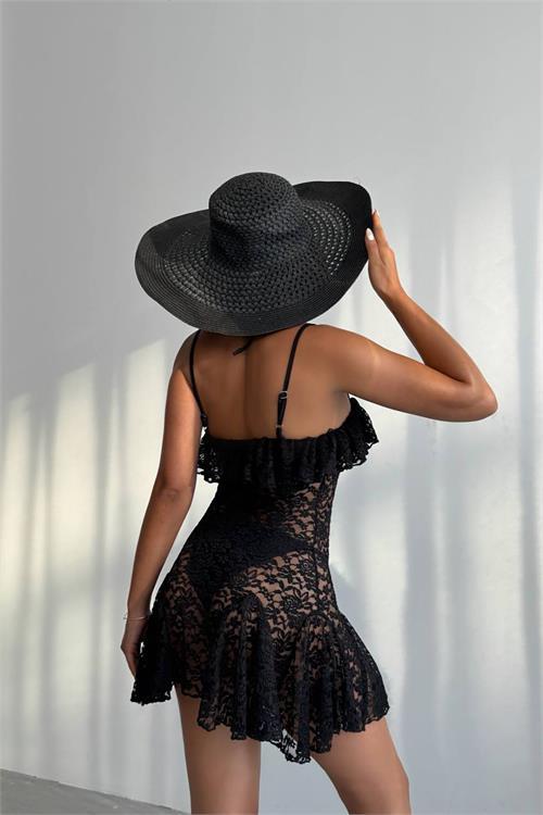 Dipmoda kadın siyah askılı dantel pareo DPDF074