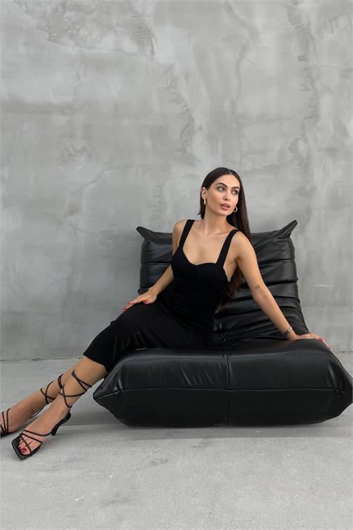 Dipmoda kadın siyah askılı uzun triko elbise NBDM6029 