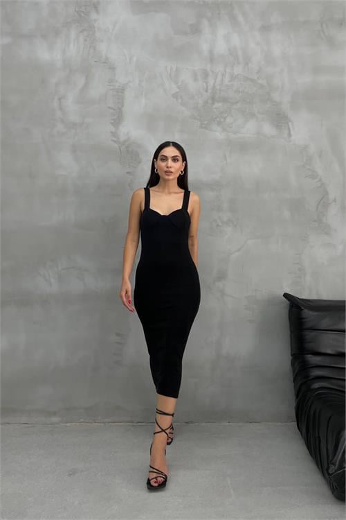 Dipmoda kadın siyah askılı uzun triko elbise NBDM6029 
