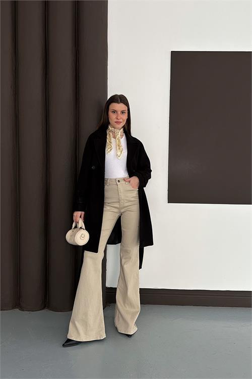 Dipmoda kadın siyah astarlı kısa boy kuşaklı kaşe kaban RYKBN03