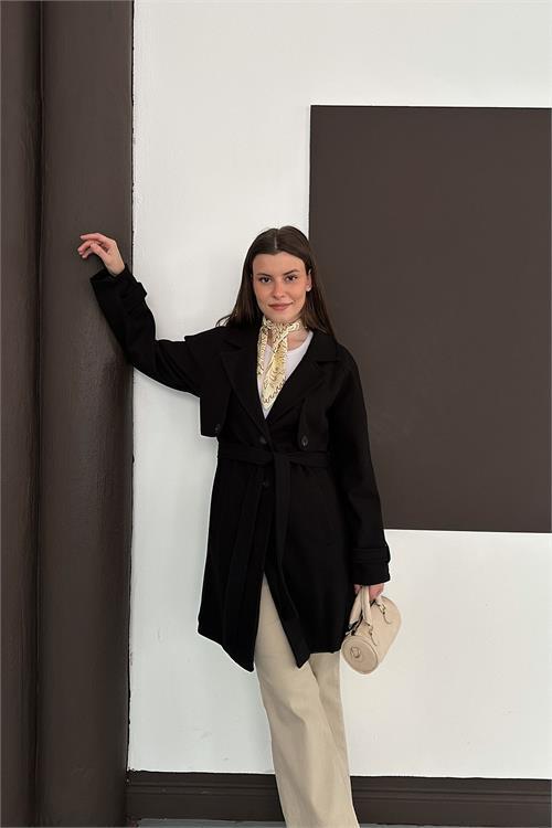 Dipmoda kadın siyah astarlı kısa boy kuşaklı kaşe kaban RYKBN03